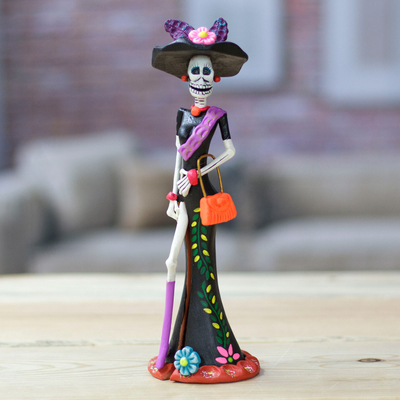 Hand-Painted Floral Lady Catrina Ceramic Sculpture in Black