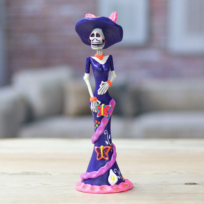 Painted Butterfly Lady Catrina Ceramic Sculpture in Blue