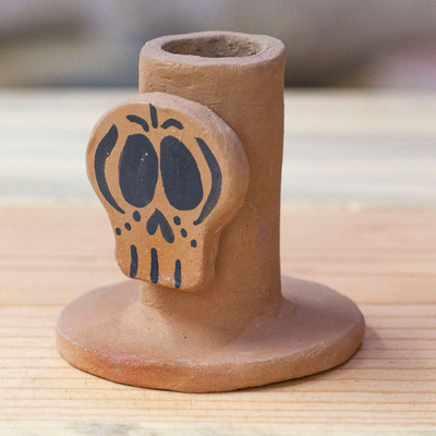 Skull-Themed Hand-Painted Ceramic Candleholder from Mexico