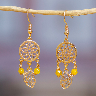 Gold-Plated Dream Catcher-Themed Agate Chandelier Earrings