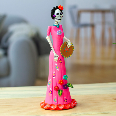 Hand-Painted Catrina & Plate Ceramic Sculpture from Mexico