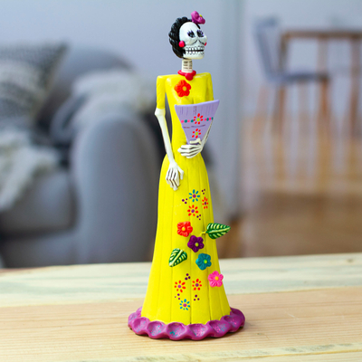 Hand-Painted Catrina & Fan Ceramic Sculpture from Mexico