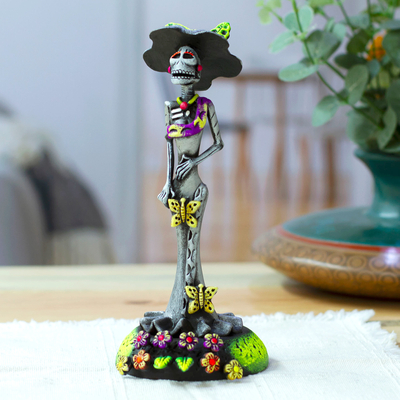 Handcrafted Floral Silver Catrina Sculpture on Floral Base