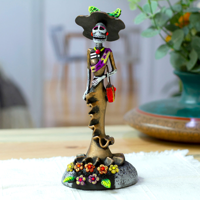 Handcrafted Floral Bronze Catrina Sculpture on Floral Base