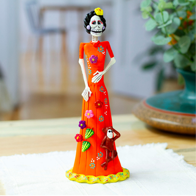 Hand-Painted Catrina & Monkey Ceramic Sculpture from Mexico