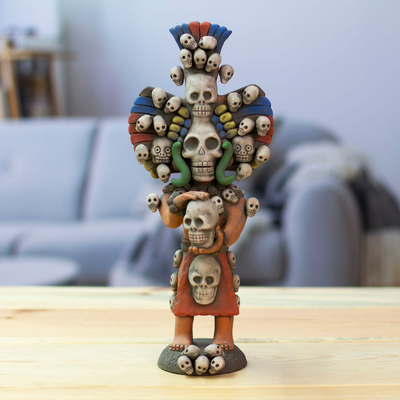 Hand-Painted Folk Art Aztec God Ceramic Sculpture