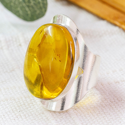 Sterling Silver Adjustable Cocktail Ring with Oval Amber