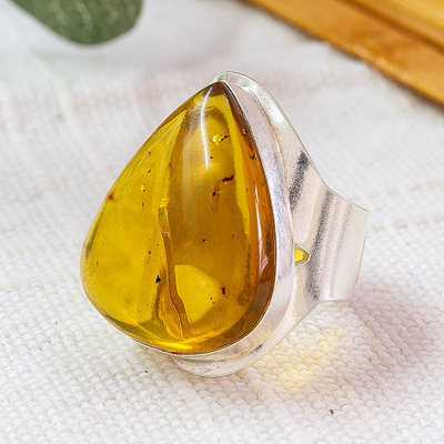 Sterling Silver Adjustable Cocktail Ring with Teardrop Amber