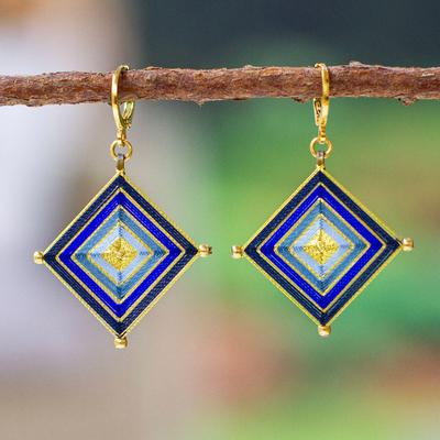 18k Gold-Plated Diamond-Shaped Woven Blue Dangle Earrings