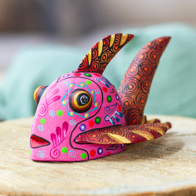 Mexican Hand-Painted Hot Pink Fish Wood Alebrije Figurine