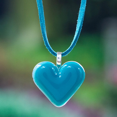 Art Glass Heart-Shaped Pendant Necklace in Teal