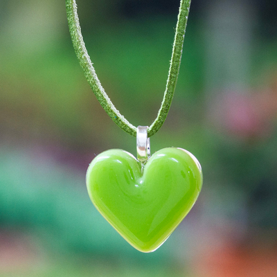 Art Glass Heart-Shaped Pendant Necklace in Spring Green