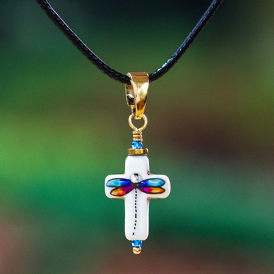 14k Gold-Accented Dragonfly-Themed Howlite Pendant Necklace