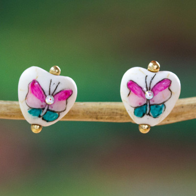 Gold-Accented Pink Butterfly Heart Howlite Stud Earrings