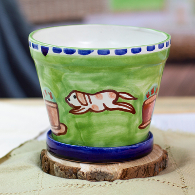 Hand-Painted Dog-Themed Green Ceramic Flower Pot and Saucer