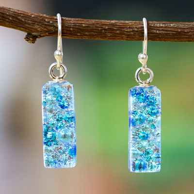 Icy Blue Dichroic Art Glass Dangle Earrings with Hooks
