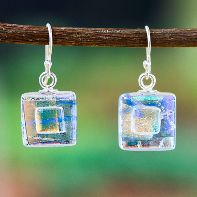 Colorful Square Dichroic Art Glass Dangle Earrings