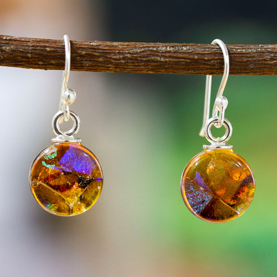 Round Ginger Dichroic Art Glass Dangle Earrings from Mexico
