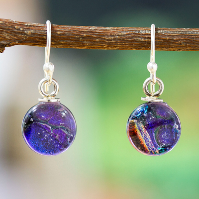 Round Blue-Violet Dichroic Art Glass Dangle Earrings