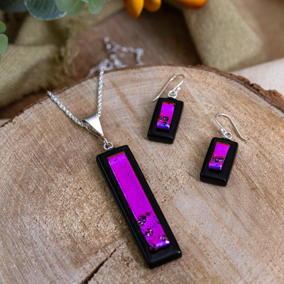 Handmade Dichroic Art Glass Jewelry Set in Purple and Black