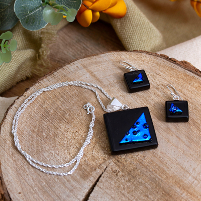 Square Blue and Black Dichroic Art Glass Jewelry Set