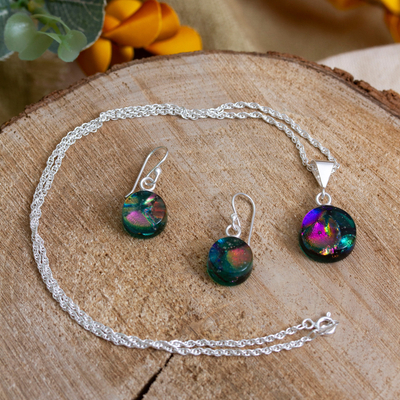 Round Viridian Dichroic Art Glass Jewelry Set from Mexico