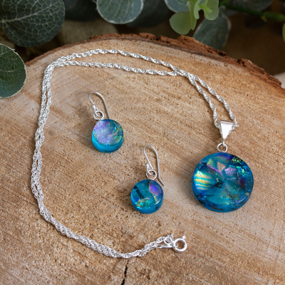Round Cerulean Dichroic Art Glass Jewelry Set from Mexico