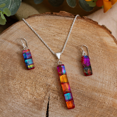 Orange and Purple Dichroic Art Glass Jewelry Set