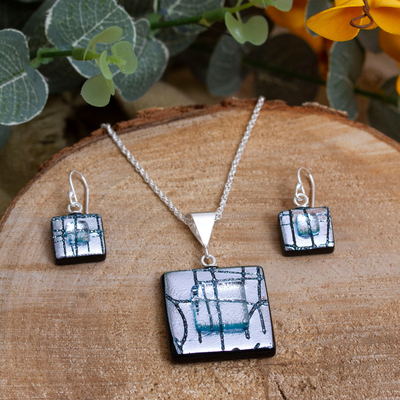 Grey and Blue Square Dichroic Art Glass Jewelry Set
