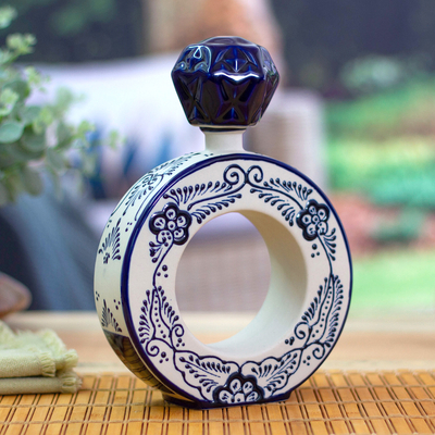 Painted Ring-Shaped Blue and White Ceramic Tequila Decanter