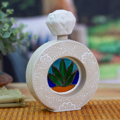 Painted Ring-Shaped Ivory and White Ceramic Tequila Decanter
