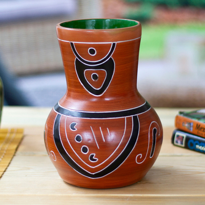Traditional Folk Art Brown and Green Ceramic Decorative Vase