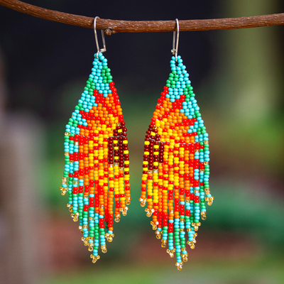 Sun-Themed Red and Turquoise Glass Beaded Waterfall Earrings