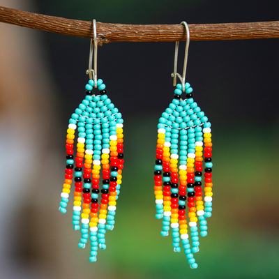 Turquoise and Red Glass Beaded Dangle Earrings with Hooks