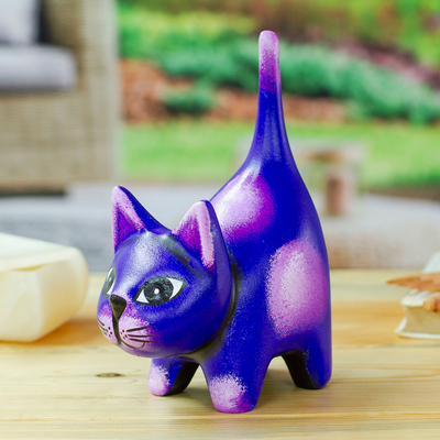Hand-Painted Whimsical Ceramic Cat Sculpture in Purple