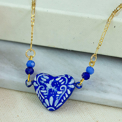 Gold-Plated Papier Mache Talavera Style Blue Heart Necklace