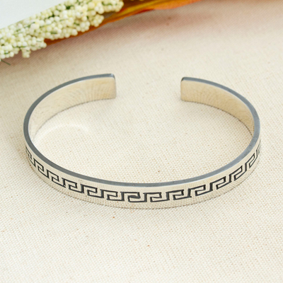 Taxco Silver Cuff Bracelet with Aztec-Inspired Motifs