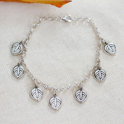 Leaf-Themed Taxco Silver Charm Bracelet from Mexico