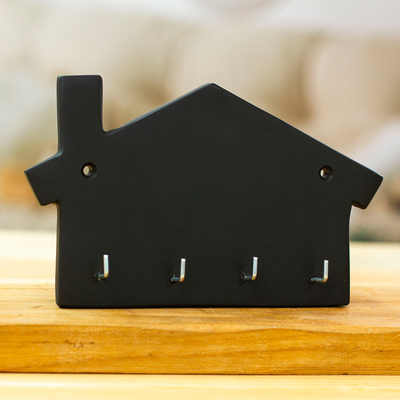 Minimalist House-Shaped Black Marble Key Rack