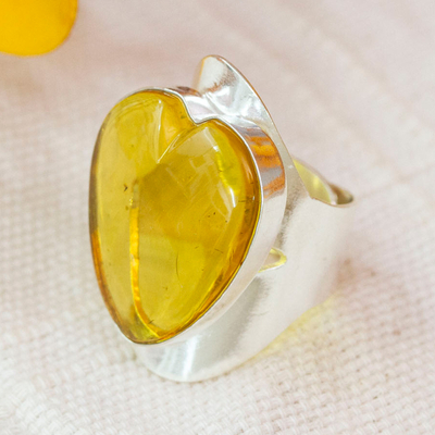 Sterling Silver Adjustable Cocktail Ring with Heart Amber