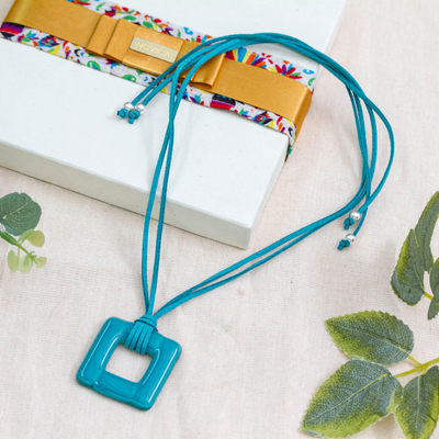 Modern Fused Art Glass Square Pendant Necklace in Teal Shade