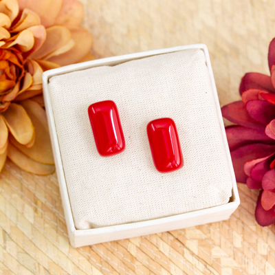 Handmade Rectangular Fused Art Glass Button Earrings in Red