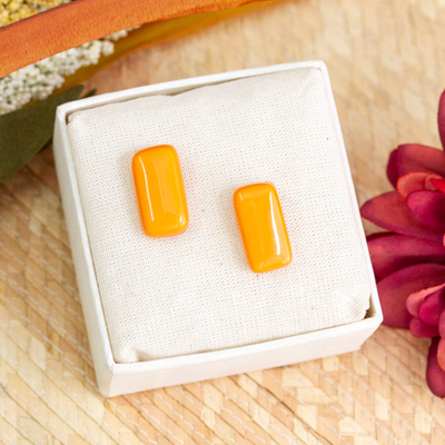 Orange Rectangular Art Glass Button Earrings from Mexico