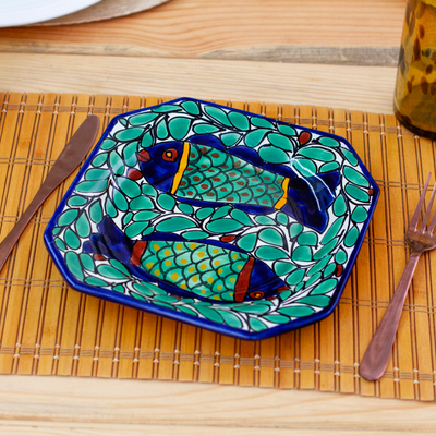 Mexican Talavera-Style Ceramic Fish-Themed Serving Plate