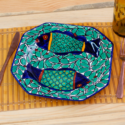 Hand-Painted Talavera Style Ceramic Platter with Fish Motif