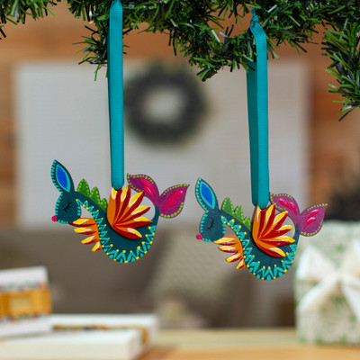 Alebrije-Themed Hand-Painted Wood Seahorse Ornament Pair