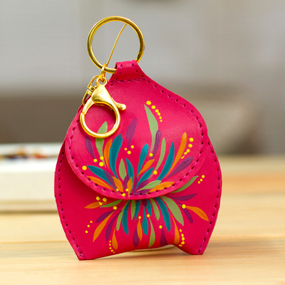 Floral Hand-Painted Fuchsia Faux Leather Coin Purse Keychain