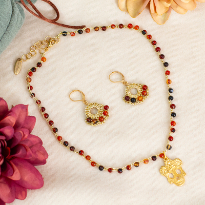 Day of the Dead Catrina-Themed Red Agate Beaded Jewelry Set