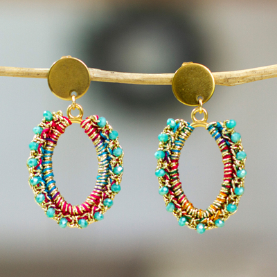 Gold-Accented Crystal Beaded Dangle Earrings in Turquoise