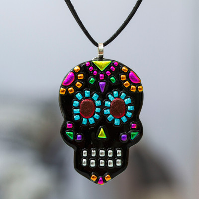 Day of the Dead-Themed Colorful Art Glass Pendant Necklace
